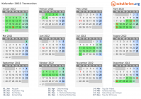 Kalender 2022 mit Ferien und Feiertagen Tasmanien