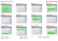 Kalender 2022 mit Ferien und Feiertagen zentral