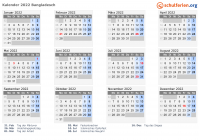 Kalender 2022 mit Ferien und Feiertagen Bangladesch