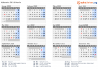Kalender 2022 mit Ferien und Feiertagen Benin