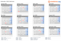Kalender 2022 mit Ferien und Feiertagen Bolivien