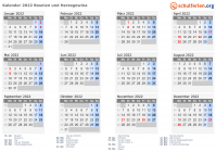 Kalender 2022 mit Ferien und Feiertagen Bosnien und Herzegowina