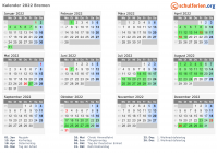 Kalender 2022 mit Ferien und Feiertagen Bremen