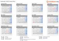 Kalender 2022 mit Ferien und Feiertagen Costa Rica