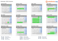 Kalender 2022 mit Ferien und Feiertagen Assens