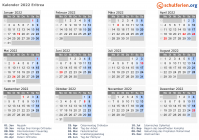Kalender 2022 mit Ferien und Feiertagen Eritrea