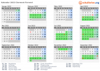 Kalender 2022 mit Ferien und Feiertagen Clermont-Ferrand