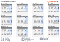 Kalender 2022 mit Ferien und Feiertagen Frankreich