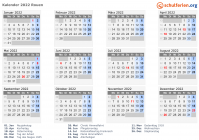 Kalender 2022 mit Ferien und Feiertagen Rouen