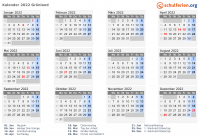 Kalender 2022 mit Ferien und Feiertagen Grönland
