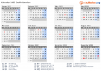 Kalender 2022 mit Ferien und Feiertagen Großbritannien