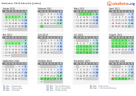 Kalender 2022 mit Ferien und Feiertagen Utrecht (mitte)