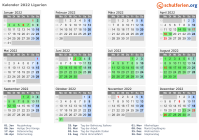 Kalender 2022 mit Ferien und Feiertagen Ligurien