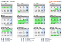 Kalender 2022 mit Ferien und Feiertagen Piemont