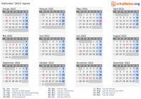 Kalender 2022 mit Ferien und Feiertagen Japan