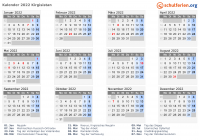 Kalender 2022 mit Ferien und Feiertagen Kirgisistan