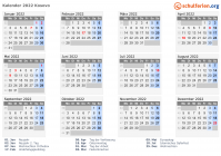 Kalender 2022 mit Ferien und Feiertagen Kosovo