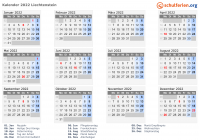 Kalender 2022 mit Ferien und Feiertagen Liechtenstein