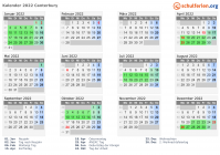 Kalender 2022 mit Ferien und Feiertagen Canterbury