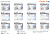 Kalender 2022 mit Ferien und Feiertagen Nigeria