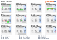 Kalender 2022 mit Ferien und Feiertagen Agder