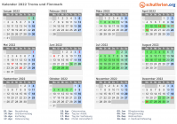 Kalender 2022 mit Ferien und Feiertagen Troms und Finnmark
