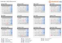 Kalender 2022 mit Ferien und Feiertagen Österreich