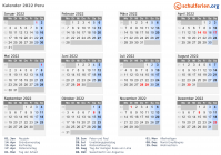 Kalender  mit Ferien und Feiertagen Peru
