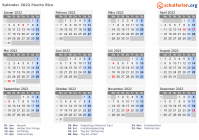 Kalender 2022 mit Ferien und Feiertagen Puerto Rico