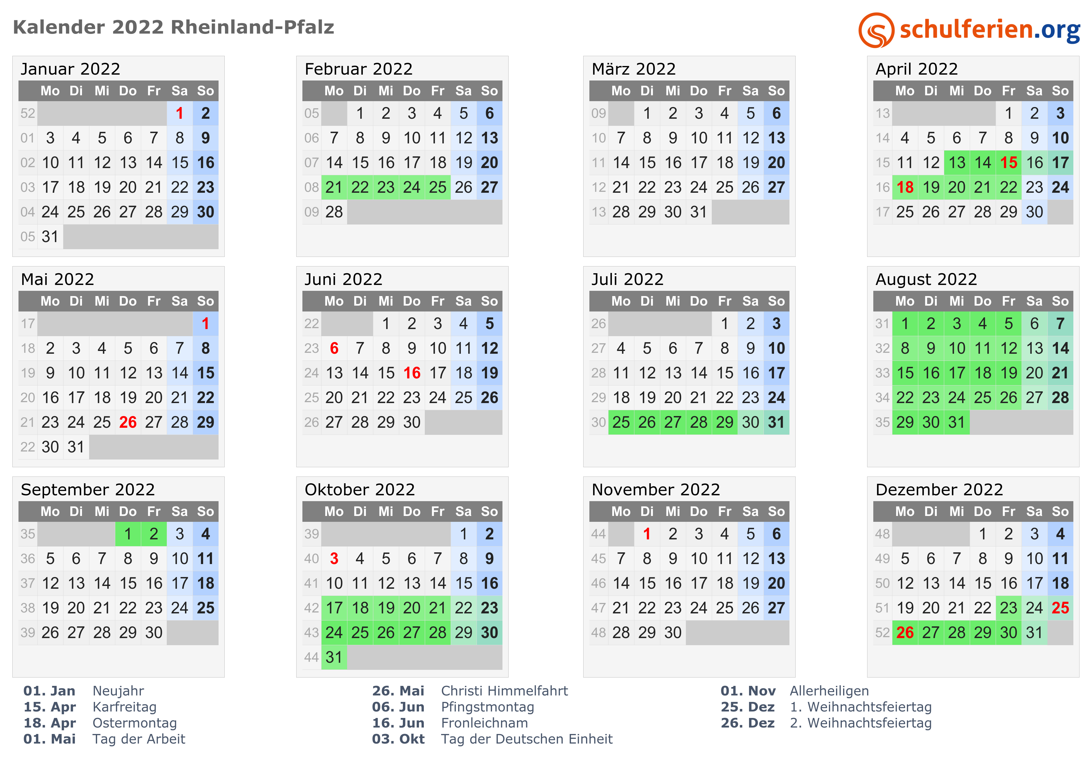 Kalender 20 + Ferien Rheinland Pfalz, Feiertage