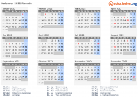 Kalender 2022 mit Ferien und Feiertagen Ruanda