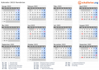 Kalender 2022 mit Ferien und Feiertagen Rumänien