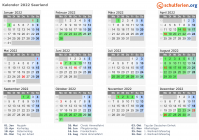 Kalender 2022 mit Ferien und Feiertagen Saarland