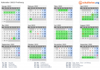 Kalender 2022 mit Ferien und Feiertagen Freiburg