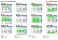 Kalender 2022 mit Ferien und Feiertagen Graubünden
