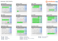Kalender 2022 mit Ferien und Feiertagen Wallis