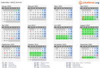 Kalender 2022 mit Ferien und Feiertagen Zürich