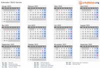 Kalender 2022 mit Ferien und Feiertagen Syrien