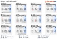Kalender 2022 mit Ferien und Feiertagen Tadschikistan