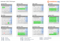 Kalender 2022 mit Ferien und Feiertagen Thüringen