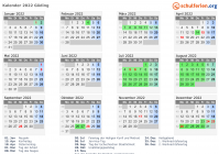 Kalender 2022 mit Ferien und Feiertagen Göding