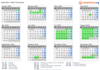 Kalender 2022 mit Ferien und Feiertagen Kremsier