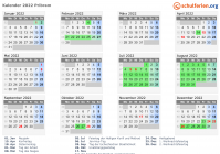 Kalender 2022 mit Ferien und Feiertagen Pribram