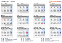 Kalender 2022 mit Ferien und Feiertagen Tunesien