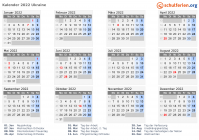 Kalender 2022 mit Ferien und Feiertagen Ukraine