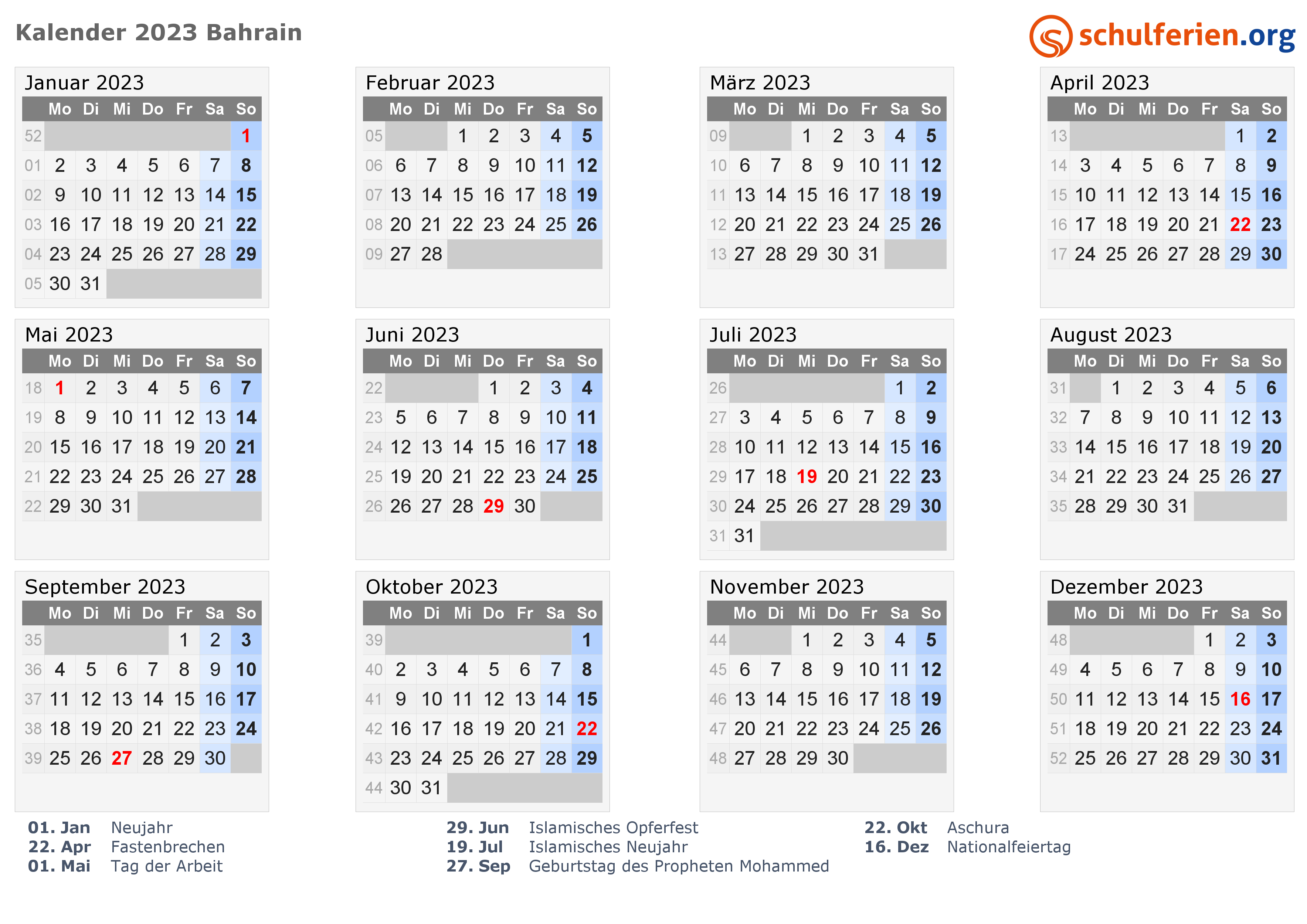Kalender Bahrain 2023 Mit Feiertage