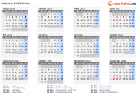 Kalender  mit Ferien und Feiertagen Belize