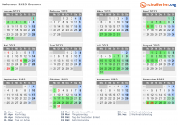Kalender 2023 mit Ferien und Feiertagen Bremen