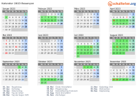 Kalender 2023 mit Ferien und Feiertagen Besançon