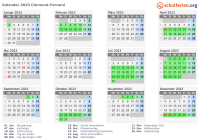 Kalender 2023 mit Ferien und Feiertagen Clermont-Ferrand